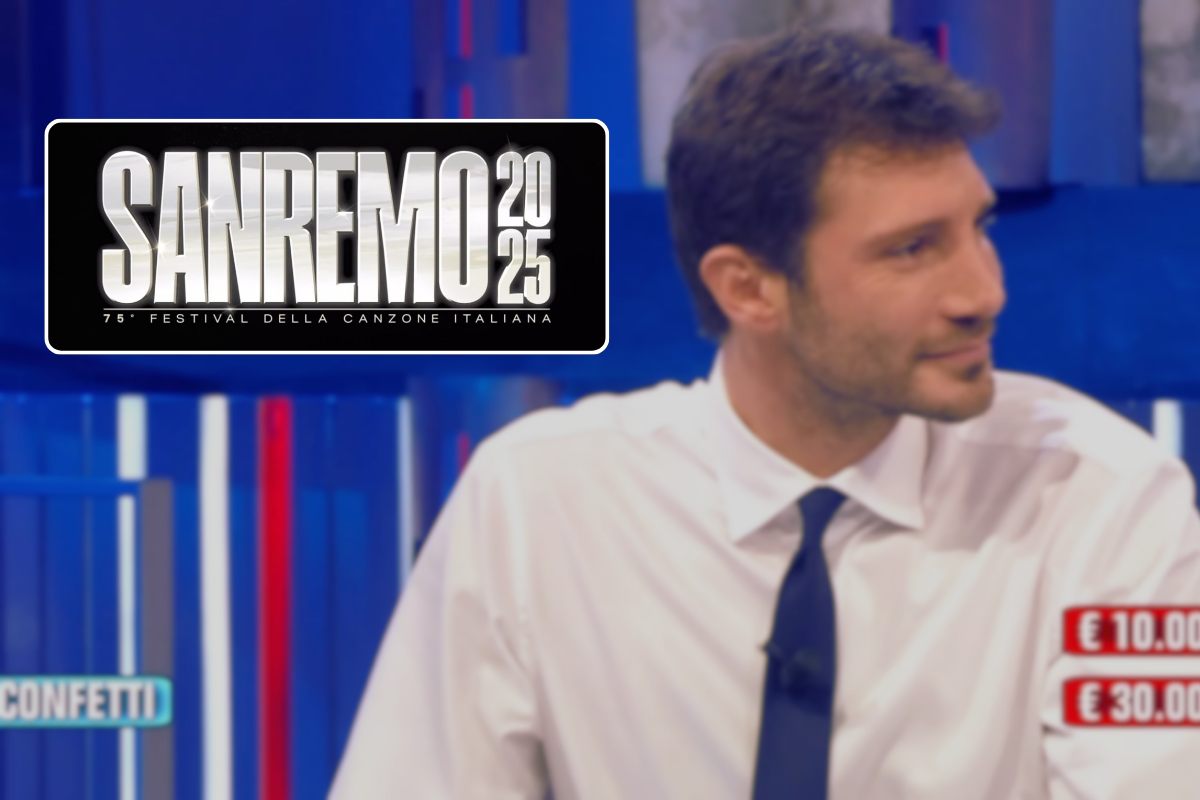 Stefano De Martino ad Affari tuoi e logo Sanremo