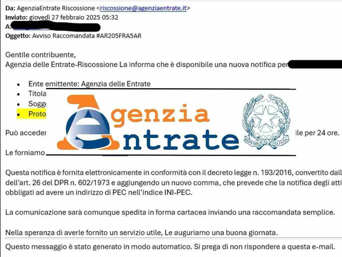 testo mail falsa e simbolo agenzia entate